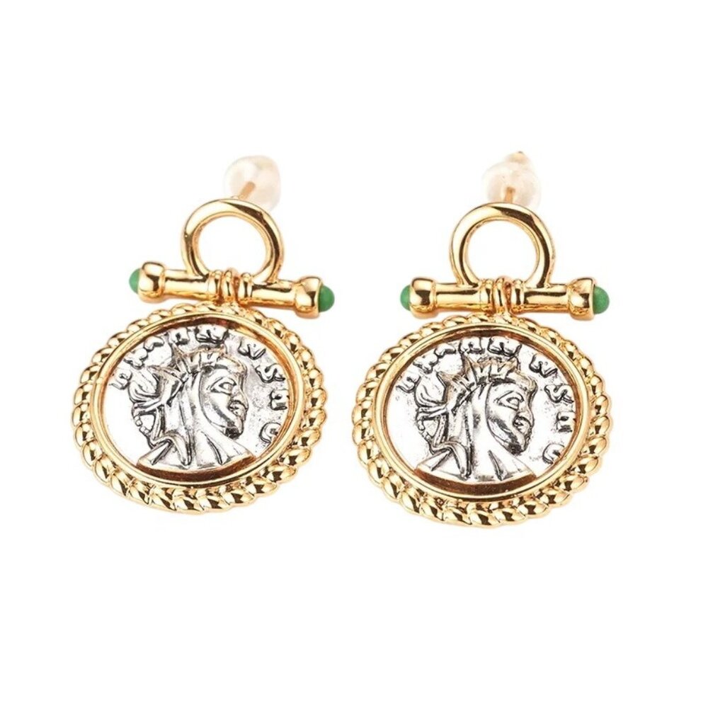 Vintage Style Ancient Coin Earrings Pierced Silver Gold Tone Chandelier New